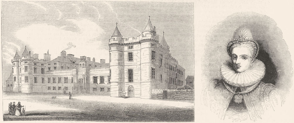 HOLYROOD PALACE. & Anne of Denmark, Queen James I 1845 old antique print